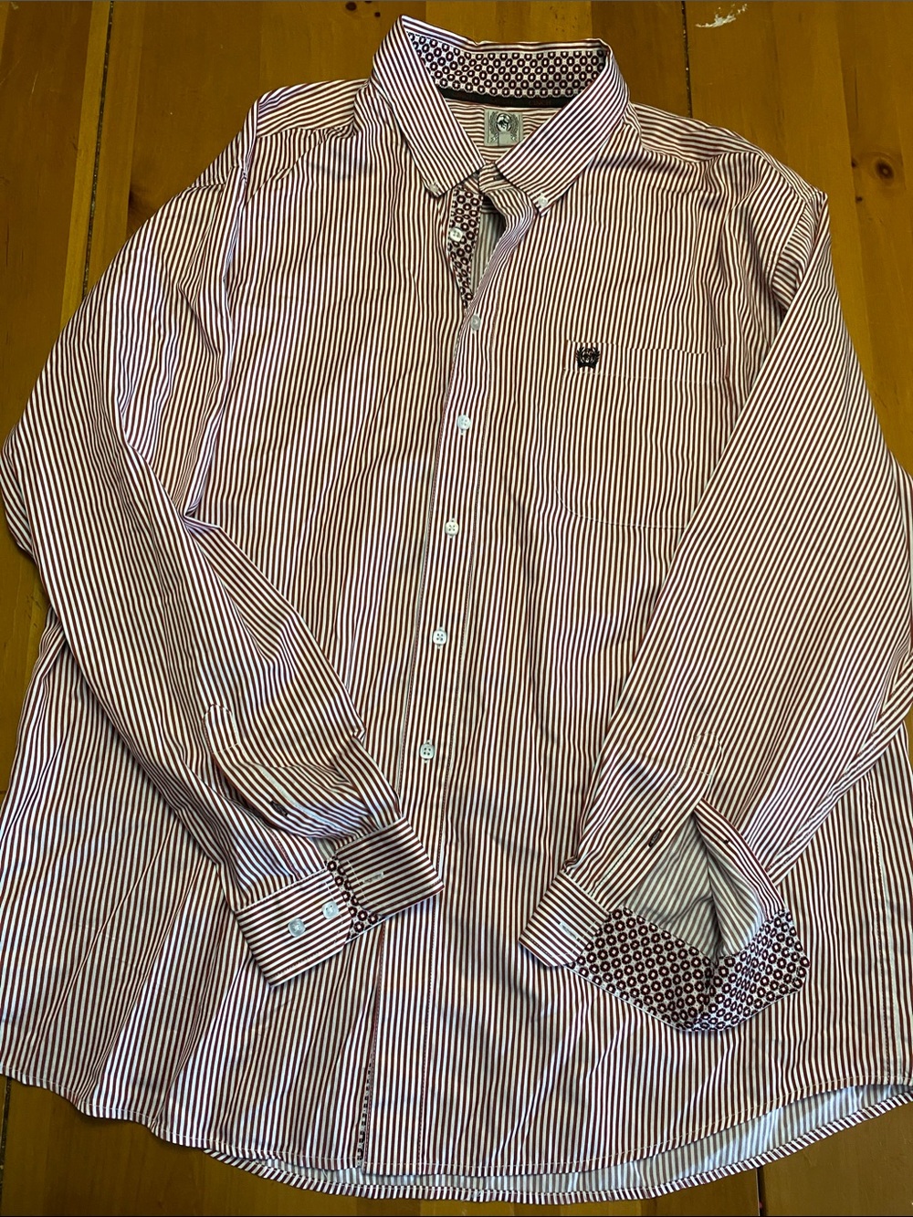 Cinch Men's Red and White Narrow Stripe Dress Shirt with Patterned Trim